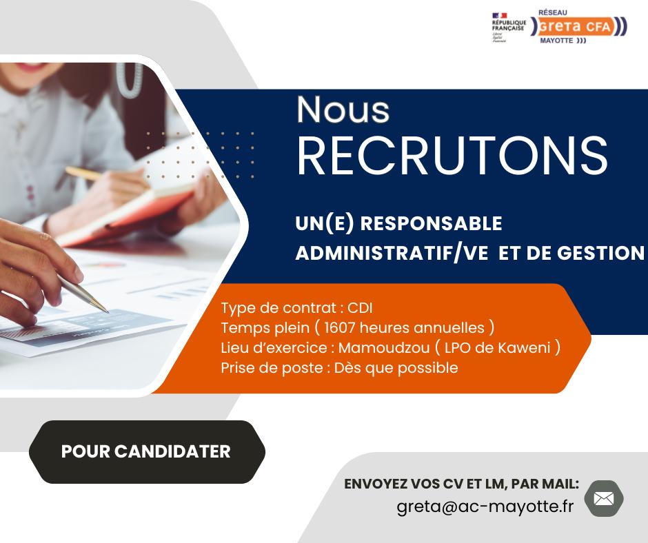 Le Greta-CFA de Mayotte recrute un(e) Responsable administratif(ve) et de gestion